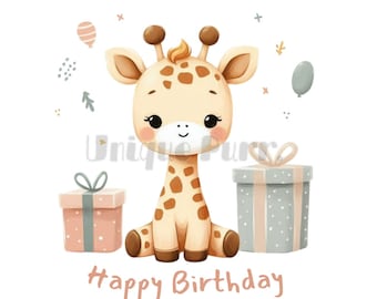 Baby Giraffe Happy Birthday Clipart, Nursery Decor (PNG JPG SVG)