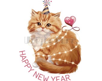 Happy New Year Cat Illustration Party Hat Cute Kitten Clipart Printable Sublimation PNG Bundle Vector Art for Cricut Project Craft Decor