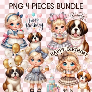 Verjaardag meisje bundel PNG uitnodiging verjaardagsfeestje kinderen digitale clipart sint-bernard hond illustratie kawaii baby peuter met puppy vector