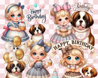 Birthday Girl Saint Bernard Clipart Bundle: Kids Party Invitation (Digital Download)