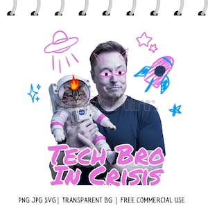 May include: A digital illustration of a man holding a cat dressed as an astronaut. The man has devil horns and pink eyes. The background is white with pink and blue doodles of stars, a rocket, and a UFO.