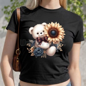 Ours en peluche tournesol PNG SVG JPG, Clipart floral Rose bleu, ours avec fleurs noeud papillon, art vectoriel pour projet Cricut, art de la sublimation rustique