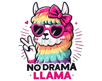 No Drama Llama Clipart: Rainbow Alpaca with Peace Sign (PNG SVG JPG Digital Download