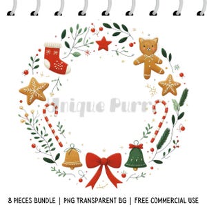 Kerstkrans clipartbundel, schattige kat peperkoek png, minimale kerstkransen, kinderen vakantiecadeau afdrukbare, feestelijke kerstmuts afbeeldingsbestanden