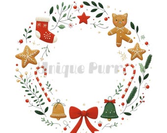 Christmas Wreath Clipart Bundle: Cat Gingerbread PNG (Digital Download)