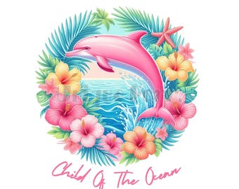 Dolphin Tropical Flowers Clipart: Vibrant Ocean Design (PNG SVG JPG Digital Download