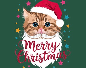 Santa Cat Christmas PNG: Kawaii Holiday Card, Sublimation Design (Digital Download