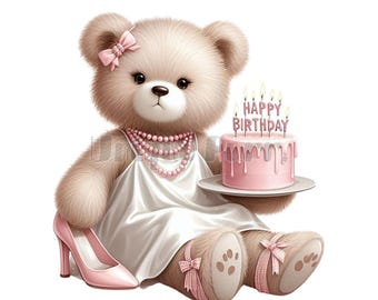 Teddy Bear Birthday Clipart: Glamorous Bear Vector PNG SVG JPG (Digital Download
