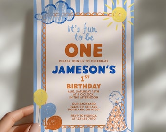 Einladung zum ersten Geburtstag: „Spaß, eins zu werden“ – Vorlage für eine Jungenparty in Blau und Orange