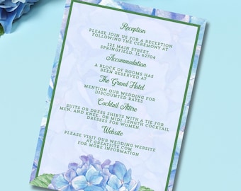 Hochzeitseinladungskarte mit blau-weißem Hortensienmuster (bearbeitbare Canva-Vorlage)