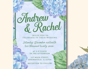 Vorlage für eine Hochzeitseinladung mit blau-weißem Hortensienmuster (bearbeitbar, Canva)