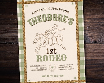 Einladung zum ersten Rodeo-Geburtstag, Cowboy-Geburtstagsvorlage, Einladung zur Westernparty (5x7)