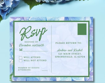 Hochzeitseinladung mit blau-weißem Hortensienmuster und Antwortkarte (Vorlage zum Bearbeiten auf Canva)