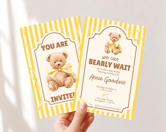 Einladung zur Babyparty mit Teddybär-Motiv, „Wir können es kaum erwarten“, gelb gestreifte Canva-Vorlage, druckbare Einladung, geschlechtsneutrale Party