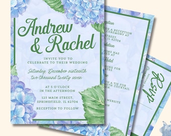 Hochzeitseinladungsset „Blaue Hortensie“ mit Einladung, Antwortkarte und Detailkarte