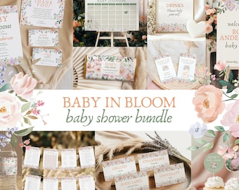 Einladungsset „Baby in Bloom“ mit floralem Babyparty-Design, Pastell-Aquarell-Vorlagen (Digitaler Download)