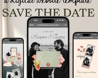 Romantische Save-the-Date-Hochzeitswebsite-Vorlage (bearbeitbar, Canva-Vorlage, digital/mobil)