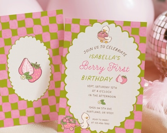 Einladung zum ersten Geburtstag mit Beerenmotiv, Enten-Erdbeer-Rosa-Gingham-Canva-Vorlage (Sofortiger digitaler Download)