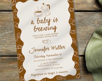 Einladungsvorlage für eine Babyparty zum Thema „Ein Baby ist unterwegs“, bearbeitbare Canva-Einladung, neutrales Kaffeemotiv