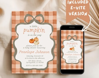 Einladung zur Babyparty mit Kürbismotiv, Canva-Vorlage „Kleines Herbstkind“, orange-weiß karierte Herbst-Einladung, bearbeitbare digitale Einladung