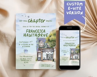 Einladung zum Junggesellinnenabschied mit Buchmotiven, E-Einladung im Aquarell-Buchladen-Stil, Literarische Hochzeitsfeier, Individuelle digitale Einladung für die Braut