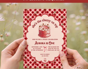 Personalized Cherry Birthday Invitation, She’s the Cherry on Top Party Invite, Gingham First Birthday E-Vite, Custom Digital Card