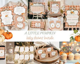 Babyparty-Set „Kleiner Kürbis“, Herbst-Vorlage mit Vichy-Karo, Spiele, Einladungen, Anhänger