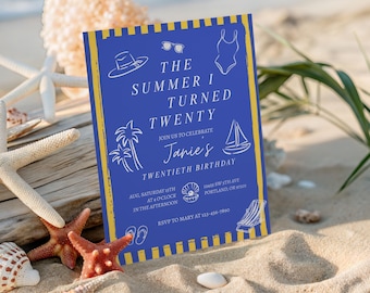 Einladungsvorlage für eine Strandgeburtstagsfeier im maritimen Stil: Der Sommer, in dem ich zur Küste wurde (bearbeitbare Canva-Datei zum digitalen Download)