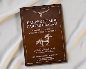 Vorlage für eine Western-Hochzeitseinladung, rustikale Einladung im Cowboy-Stil, bearbeitbar mit Canva, druckbar