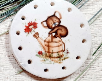 KOALA on WATERING CAN   round clay base for pine needle basketry- 2 1/4" diameter