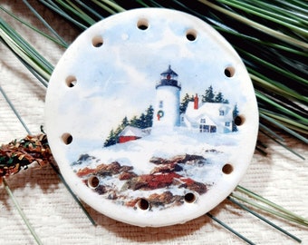 LIGHTHOUSE with GULLS - round- clay base for pine needle basketry  2 1/4" diameter