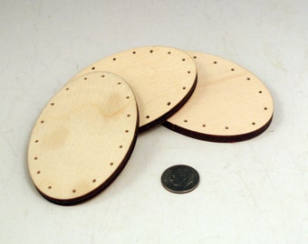 3 OVAL wooden discs, with holes drilled-   3" x 2" x 1/4" thick - for pine needle baskets, and more