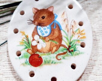 SITTING MOUSE MOUSEY with a bib Clay Pine Needle Oval Basket Base  2 1/2" X 2"