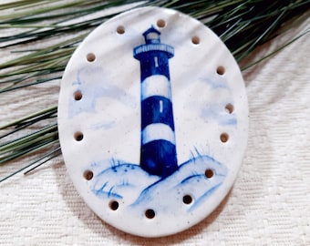 LIGHTHOUSE- OVAL on clay base for pine needle basketry   2 1/2" long  2" wide
