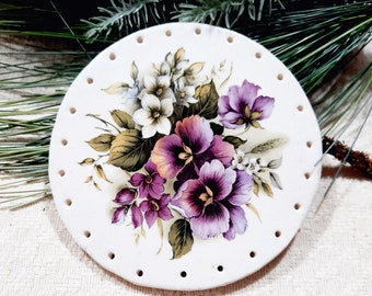 PURPLE and WHITE FLOWERS 4" diameter  Clay Base for Pine Needle Basketry