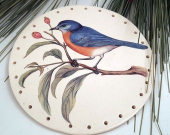 BLUEBIRD on BRANCH Clay Pine Needle Oval Basket Base  5 1/2" diameter