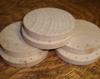 2" diameter- 6 Wooden Disks, DRILLED,  for pine needle baskets, etc.