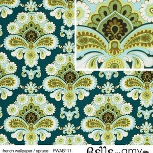 May include: A teal blue fabric with a repeating pattern of green, brown, and white paisley designs. The fabric is called "French Wallpaper" and the color is "Spruce". The fabric is by Belle by Amy Butler and the product code is PWAB111.