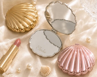 Miroir de poche coquillage personnalisé, cadeau gravé pour demoiselle d'honneur, souvenir de mariage sur la plage, cadeau pour une demande en mariage.