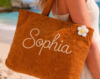 Personalized Name Corduroy Tote Bag for Women, Custom Embroidered Tote, Gift for Mom, Teacher Gift, Mother’s Day Bag, Bridesmaid Tote