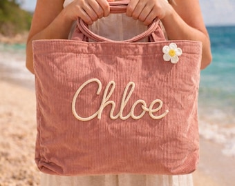 Personalized Bridesmaid Tote Bag, Custom Name Corduroy Beach Bag, Wedding Bridesmaid Gift, Bachelorette Party Favor, Gift for Mom