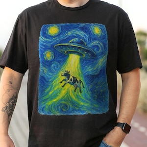 Van Gogh Starry Night UFO Abduction Cow Tee Surreal Art Vibrant Swirling Sky Alien Beam Humorous Tshirt Cosmic Gift Night Sky Graphic Shirt