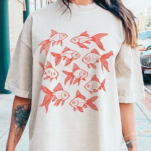 Goldfish Linocut T-Shirt, Vintage Fish Graphic Tee, Whimsical Aquatic Animal Shirt, Cottagecore Ocean Tshirt Hand Drawn Naturecore Aesthetic