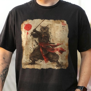 Camiseta vintage de gato samurai, camiseta japonesa antiga de gato, camiseta de gato com quimono, camiseta de anime, camiseta fofa de gato, camiseta legal de gato, presente para amantes de gatos
