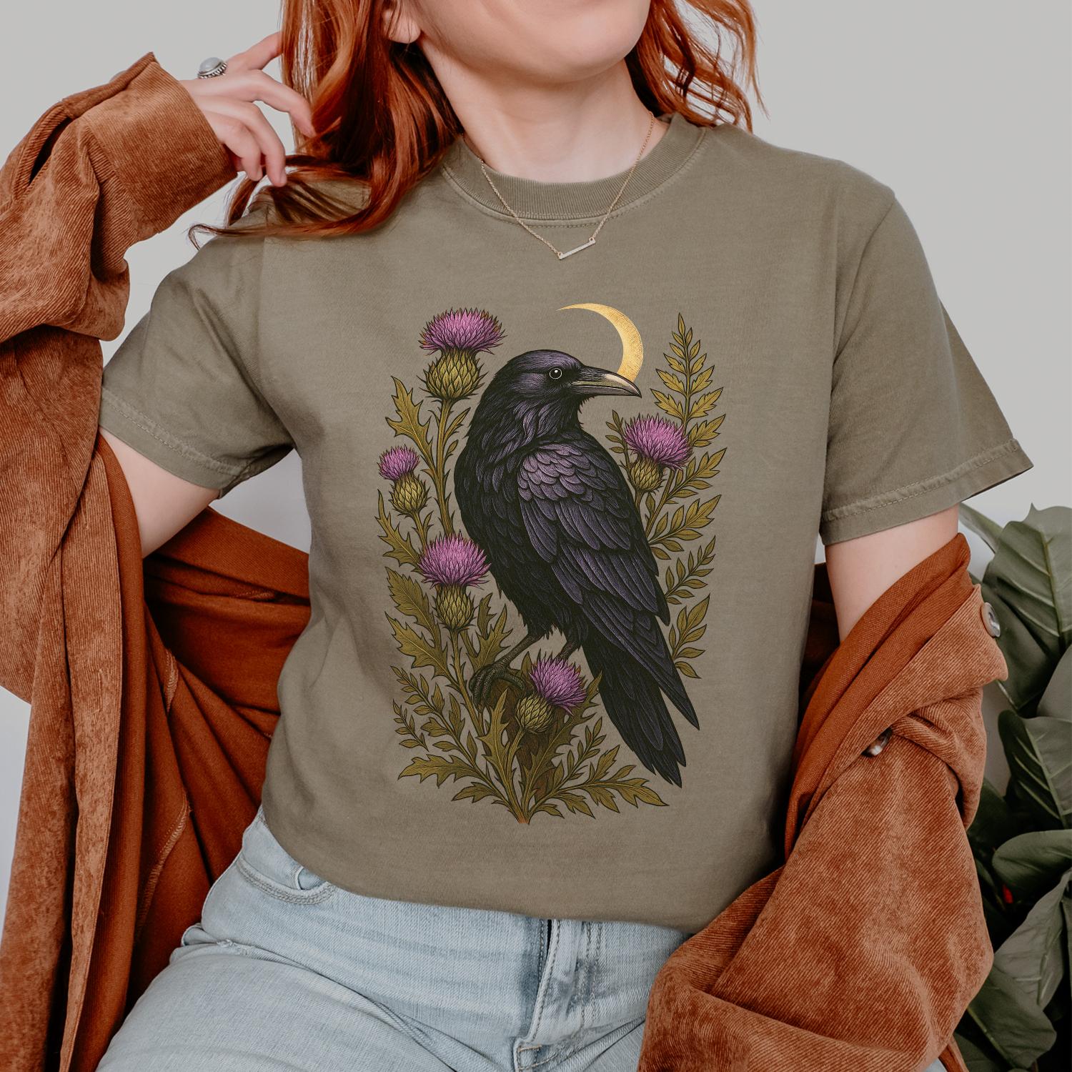 Vintage Raven Shirt Comfort Colors, Gothic Raven and Thistle Tee, Witchy Botanical Crow TShirt, Dark Academia Bird Shirt Mystical Nature Tee