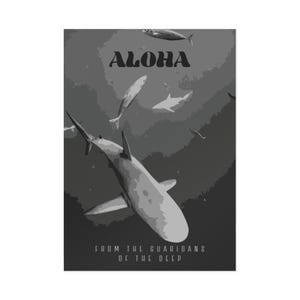 Noir Ozeanhai Postkarte | Hawaii Ocean Souvenir Druck | Wächter der Tiefe Kunst Karte | Marine Leben Reise Geschenk | S&W | Darunter blaues Glas