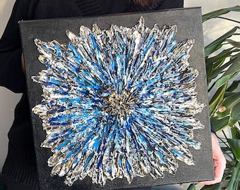 Blue and Gold Crystal Epoxy Resin Wall Art: 3D Abstract Painting
