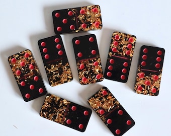 Handmade Epoxy Resin Dominoes Set: Black & Gold Flake Art