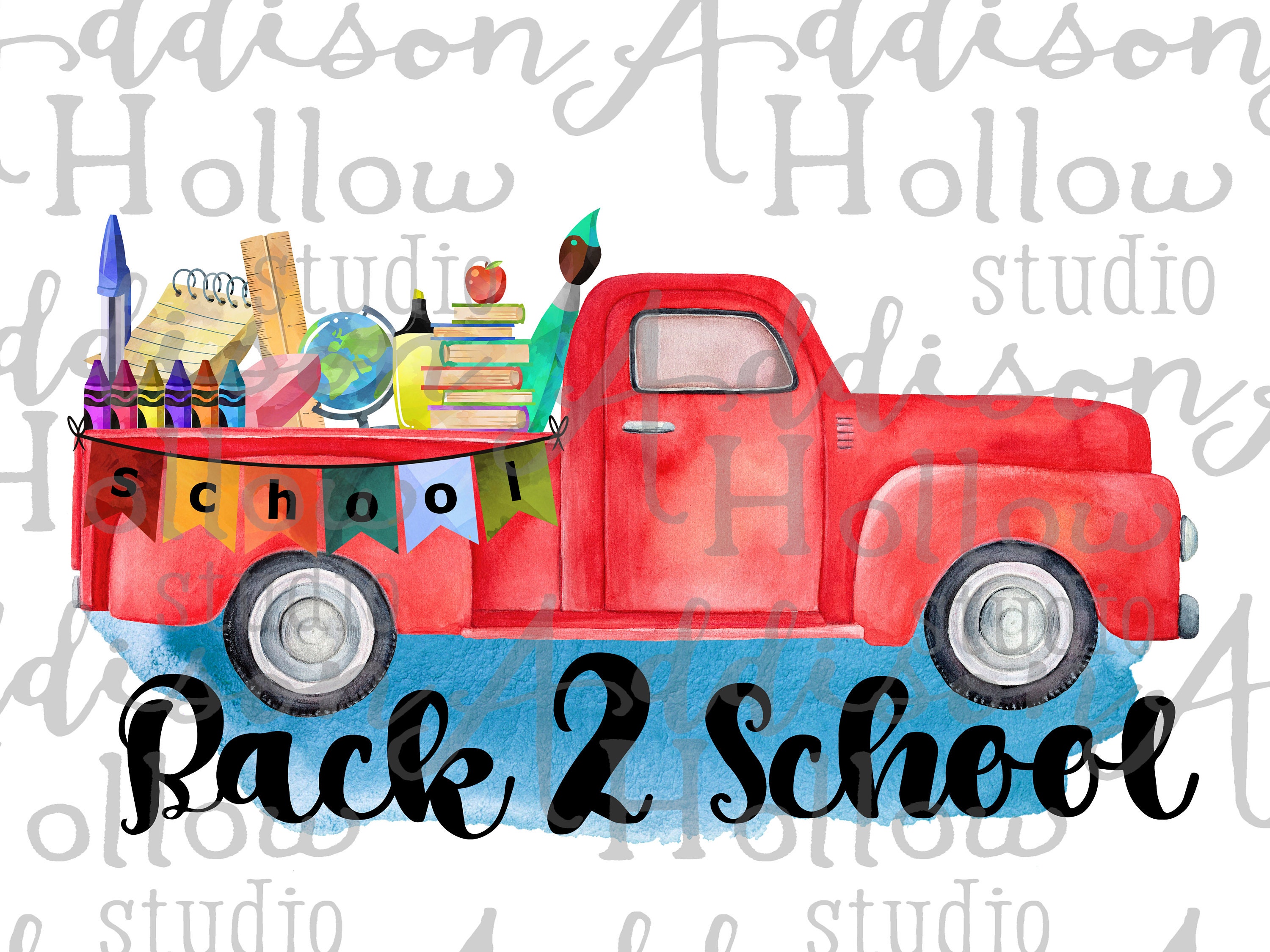 Back to School Supply Teacher Truck Watercolor Sublimation Digital Design Template Instant Download