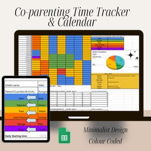 Calendario y rastreador de tiempo de custodia compartida, minimalista, simple y con colores combinados. Formato para hojas de cálculo de Google